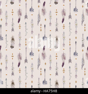 Acquerello boho seamless pattern con il teepee, frecce e piuma Foto Stock