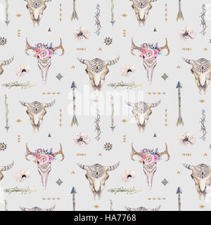 Acquerello boho seamless pattern con il teepee, frecce, piume, Foto Stock