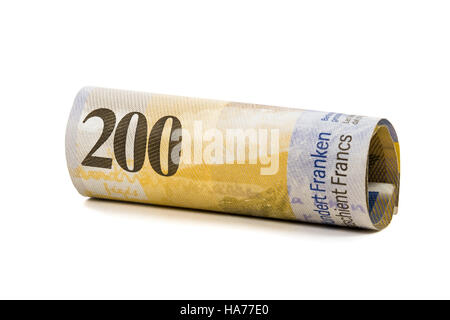 Laminati 200 franchi banconote isolato su sfondo bianco con tracciato di ritaglio Foto Stock