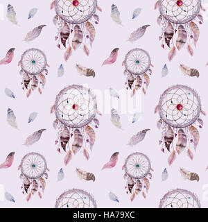 Dreamcatcher e piuma pattern. Acquerello decorazione boema Foto Stock