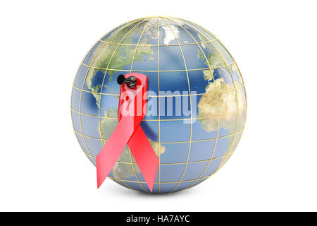 HIV AIDS Awareness nastro rosso con terra, 3D rendering isolati su sfondo bianco Foto Stock