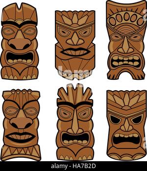 Maschere per statue di tiki hawaiane. Statue polinesiane in legno, totem tribali delle Hawaii. Illustrazione vettoriale Illustrazione Vettoriale