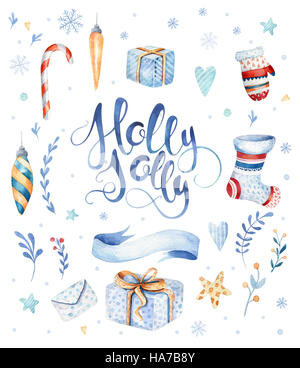 Acquerello disegnata a mano di natale illustrazioni grazioso dono collezione di oltre Foto Stock