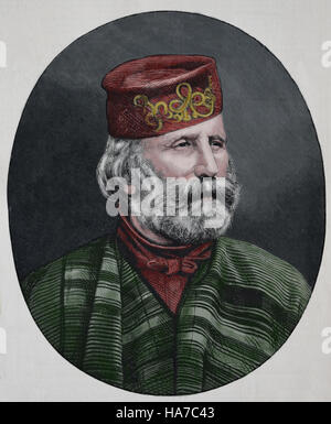 Giuseppe Garibaldi (1807-1882). Generale Italiano politico e nazionalista. Figura centrale del Risorgimento Italiano. Incisione, 1882. Colore. Foto Stock