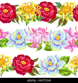 Modello senza soluzione di continuità con la Cina fiori. Gemme luminose di magnolia, peonia, rododendri e crisantemo Illustrazione Vettoriale