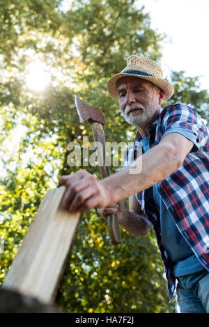 Uomo senior di legna da ardere di trinciatura Foto Stock