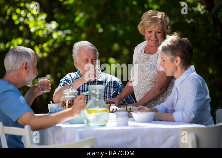 Coppie Senior avente la prima colazione in giardino Foto Stock