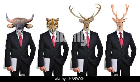 Animali vestito come business formale uomo, cervi tiger bear gaur bison Foto Stock