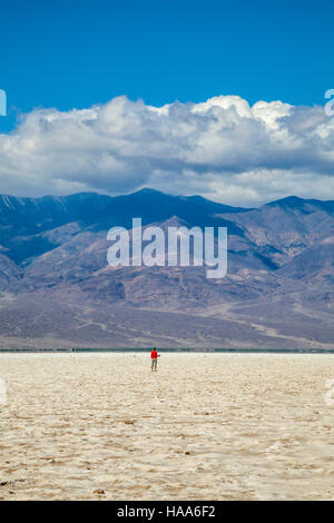 Donna di esplorare la zona del bacino Badwater, Parco Nazionale della Valle della Morte, CALIFORNIA, STATI UNITI D'AMERICA Foto Stock