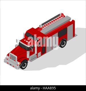 Vista isometrica di alta qualità elemento della città con 45 gradi ombre su sfondo bianco. Camion dei pompieri. Illustrazione Vettoriale
