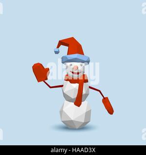 Pupazzo di neve poligonale. Isolato su sfondo blu. 3d illustrazione vettoriale. Illustrazione Vettoriale