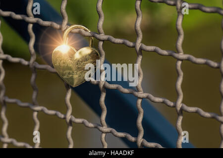 A forma di cuore ad amore lucchetto attaccato al recinto di filo su un ponte. Il lucchetto contiene "Ich liebe dich".Il giorno di San Valentino sfondo. Bella giornata di nozze Foto Stock