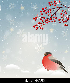 Paesaggio invernale con bullfinch nella neve e bacche rosse. Sfondo di natale. Foto Stock