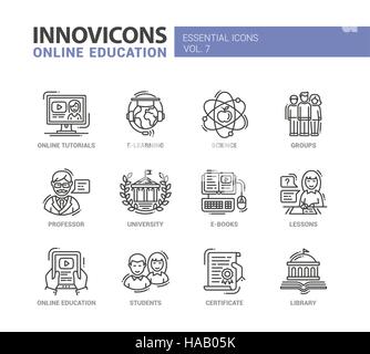Educazione on line la linea design set di icone Illustrazione Vettoriale