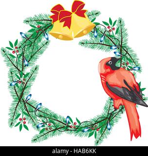 Illustrazione vettoriale di una ghirlanda di Natale con le campane e l'Uccello Rosso Illustrazione Vettoriale