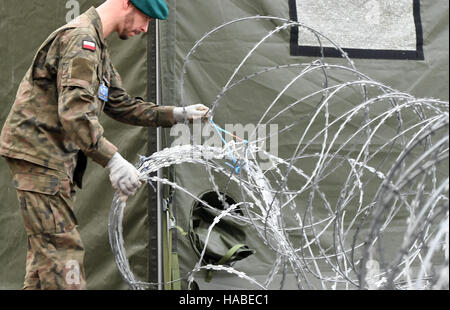 Szczecin, Polonia. 28 Nov, 2016. Un soldato della NATO corpo multinazionale Nord-est la posa di filo spinato fuori tende, in Szczecin, Polonia, 28 novembre 2016. Foto: Soeren Stache/dpa/Alamy Live News Foto Stock