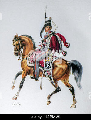 Ussaro officer a cavallo in uniforme del 1845 Bluchersches regiment Huzaren / Gl. von Blücher, regno di Prussia Foto Stock