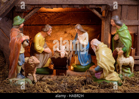 Presepe con sacra famiglia a Betlemme Foto Stock