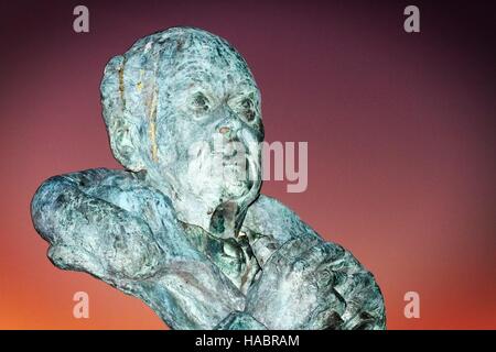 Zoccolo con la statua di Sir Peter Scott Martin Mere, Burscough, Southport, Merseyside, Regno Unito Foto Stock