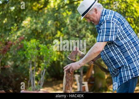 Uomo senior di legna da ardere di trinciatura Foto Stock