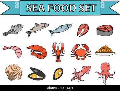 Sea Food set di icone di vettore. Moderno, linea doodle stile. La raccolta di frutti di mare isolato su sfondo bianco. I prodotti a base di pesce illustrazione, elemento di design. Illustrazione Vettoriale