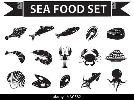 Sea Food set di icone vettoriali, silhouette, shadow stile. La raccolta di frutti di mare isolato su sfondo bianco. I prodotti a base di pesce illustrazione, elemento di design. Illustrazione Vettoriale