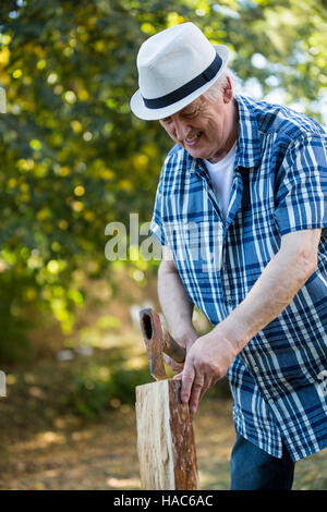 Uomo senior di legna da ardere di trinciatura Foto Stock