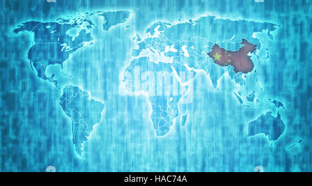 Bandiera della Cina su blu digital world map con effettiva delle frontiere nazionali Foto Stock