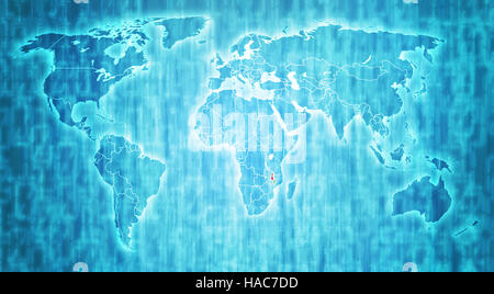 Il Malawi bandiera blu sul mondo digitale mappa effettivamente con i confini nazionali Foto Stock