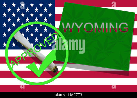 Wyoming sulla cannabis sfondo. Le politiche in materia di droga. La legalizzazione della marijuana sulla bandiera degli Stati Uniti, Foto Stock