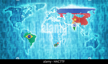Paesi BRICS bandiere blu sul mondo digitale mappa effettivamente con i confini nazionali Foto Stock