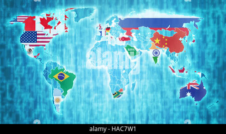 Gruppo di venti paese bandiere blu sul mondo digitale mappa effettivamente con i confini nazionali Foto Stock