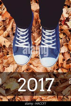 2017 Anno nuovo auguri con adolescente indossando sneakers Foto Stock