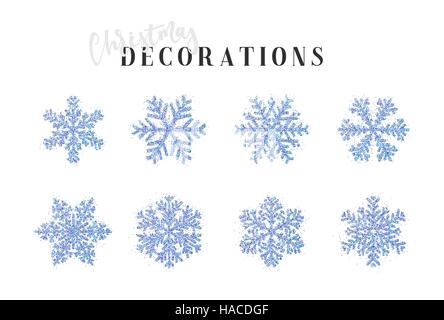 Decorazione a fiocchi di neve del Natale e del nuovo anno di simboli. Set 8 blu fiocchi di neve diversi di fatti a mano. Oggetti d'inverno. Elementi di festa. Illustrazione Vettoriale