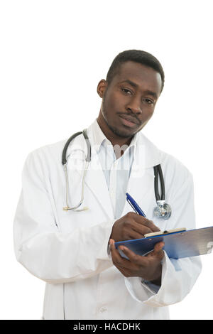 Attraente giovane medico un su sfondo bianco Foto Stock