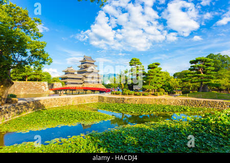 Piccolo stagno contenente ninfee nel primo piano dell'antico mastio di Matsumoto Jo castello su un giorno di estate con le nuvole, Giappone Foto Stock