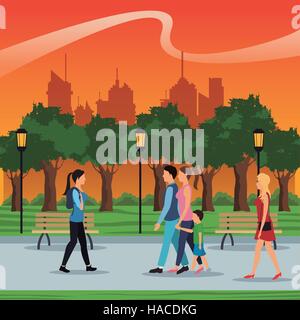 La gente a piedi la città urban park brench lampada alberi postlight tramonto Illustrazione Vettoriale
