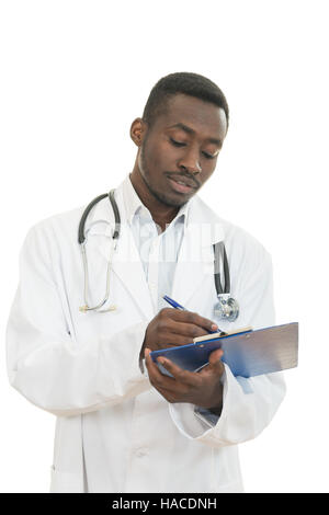 Attraente giovane medico un su sfondo bianco Foto Stock