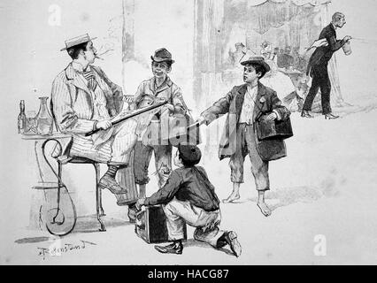 Shoeshiner o boot lucidatrice a Venezia, Italia, 1880, storico illustrazione, xilografia Foto Stock