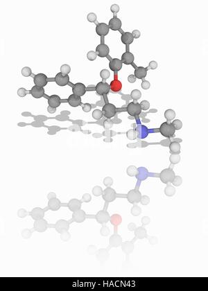 Atomoxetine. Il modello molecolare del farmaco atomoxetine (C17.H21.N.O). Questo farmaco è usato nel trattamento di attenzione ed iperattività (ADHD). Gli atomi sono rappresentati da sfere e sono codificati a colori: carbonio (grigio), Idrogeno (bianco), Azoto (blu) e ossigeno (rosso). Illustrazione. Foto Stock