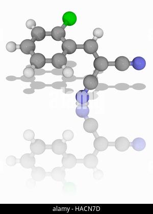 Gas CS. Il modello molecolare di 2-chlorobenzalmalononitrile (C10.H5.Cl.N2), il componente principale del gas CS, chiamato anche gas lacrimogeni. Esposizione a questa sostanza chimica provoca una sensazione di bruciore nel naso, bocca e gola, e provoca gravi (irrigazione) le lacrime agli occhi. È usato come un tumulto di agente di controllo. Gli atomi sono rappresentati da sfere e sono codificati a colori: carbonio (grigio), Idrogeno (bianco), Azoto (blu) e cloro (verde). Illustrazione. Foto Stock