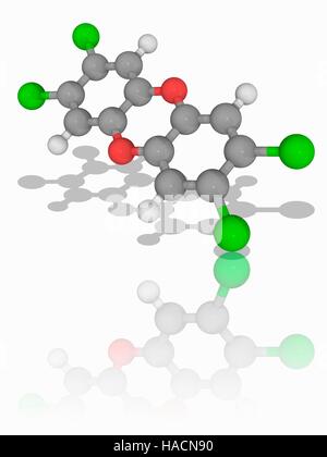 TCDD diossina. Il modello molecolare della diossina 2, 3, 7, 8-tetrachlorodibenzodioxin (TCDD, C12.H4.Cl4.O). Questo principali inquinanti ambientali, estremamente potente tossina, è meglio conosciuto come un contaminante di alcuni lotti di erbicida agente Orange. Gli atomi sono rappresentati da sfere e sono codificati a colori: carbonio (grigio), Idrogeno (bianco), Ossigeno (rosso) e cloro (verde). Illustrazione. Foto Stock