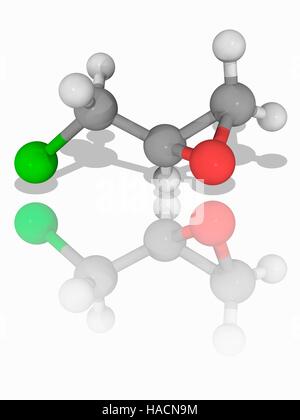 Epicloridrina. Il modello molecolare della sostanza chimica organoclorurati epicloridrina (C3.H5.Cl.O), noto anche come ECH. Altamente reattivo, esso è utilizzato nell'industria chimica per la produzione di glicerolo, materie plastiche, resine epossidiche di colle e resine ed elastomeri. Gli atomi sono rappresentati da sfere e sono codificati a colori: carbonio (grigio), Idrogeno (bianco), Ossigeno (rosso) e cloro (verde). Illustrazione. Foto Stock