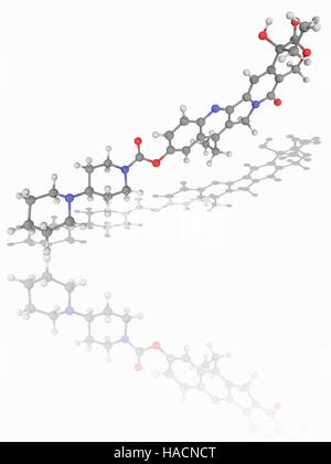 Irinotecano. Il modello molecolare del farmaco irinotecan (C33.H38.N4.O6), principalmente utilizzati in chemioterapia per il trattamento del cancro del colon. Gli atomi sono rappresentati da sfere e sono codificati a colori: carbonio (grigio), Idrogeno (bianco), Azoto (blu) e ossigeno (rosso). Illustrazione. Foto Stock