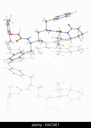 Lopinavir. Il modello molecolare del farmaco antiretrovirale lopinavir (C37.H48.N4.O5). Questo farmaco è un inibitore della proteasi che viene usato insieme con ritonavir nel trattamento dell'HIV (il virus di immunodeficienza umana). Gli atomi sono rappresentati da sfere e sono codificati a colori: carbonio (grigio), Idrogeno (bianco), Azoto (blu) e ossigeno (rosso). Illustrazione. Foto Stock
