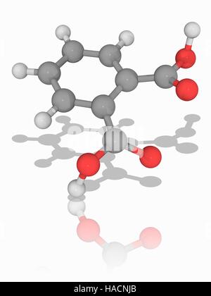 Acido ftalico. Il modello molecolare del composto aromatico acido ftalico (C8.H6.O4). Questo elemento chimico è un acido dicarbossilico con la sua forma anidra utilizzata per la preparazione di esteri di ftalato. Gli atomi sono rappresentati da sfere e sono codificati a colori: carbonio (grigio), Idrogeno (bianco) e ossigeno (rosso). Illustrazione. Foto Stock