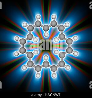 18-annulene. Il modello molecolare degli idrocarburi 18-annulene (C18.H18). Si tratta di un composto aromatico coniugato completamente idrocarburo monociclico, noto anche come cyclooctadecanonaene. Gli atomi sono rappresentati da sfere e sono codificati a colori: carbonio (grigio) e idrogeno (bianco). Illustrazione. Foto Stock