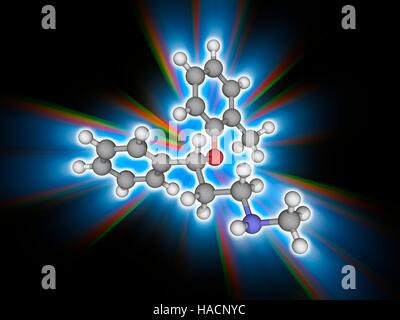 Atomoxetine. Il modello molecolare del farmaco atomoxetine (C17.H21.N.O). Questo farmaco è usato nel trattamento di attenzione ed iperattività (ADHD). Gli atomi sono rappresentati da sfere e sono codificati a colori: carbonio (grigio), Idrogeno (bianco), Azoto (blu) e ossigeno (rosso). Illustrazione. Foto Stock