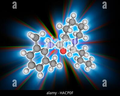 Bupivacaina. Il modello molecolare di anestesia locale farmaco bupivacaina (C18.H28.N2.O). Esso è classificato come un ammino ammide. Gli atomi sono rappresentati da sfere e sono codificati a colori: carbonio (grigio), Idrogeno (bianco), Azoto (blu) e ossigeno (rosso). Illustrazione. Foto Stock