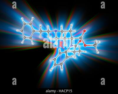 Carfentanil. Il modello molecolare del dolore di uccisione carfentanil farmaco (C24.H30.N2.O3). Questo è un punto estremamente potente analogo sintetico di analgesico oppioide fentanil. È 10.000 volte più efficace della morfina, e come tale viene utilizzato solo per gli animali di grandi dimensioni e non gli esseri umani. Gli atomi sono rappresentati da sfere e sono codificati a colori: carbonio (grigio), Idrogeno (bianco), Azoto (blu) e ossigeno (rosso). Illustrazione. Foto Stock